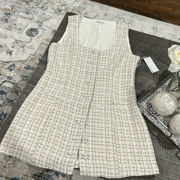 Reformation Jaine tweed gold and pearl tones Mini women Dress size 12